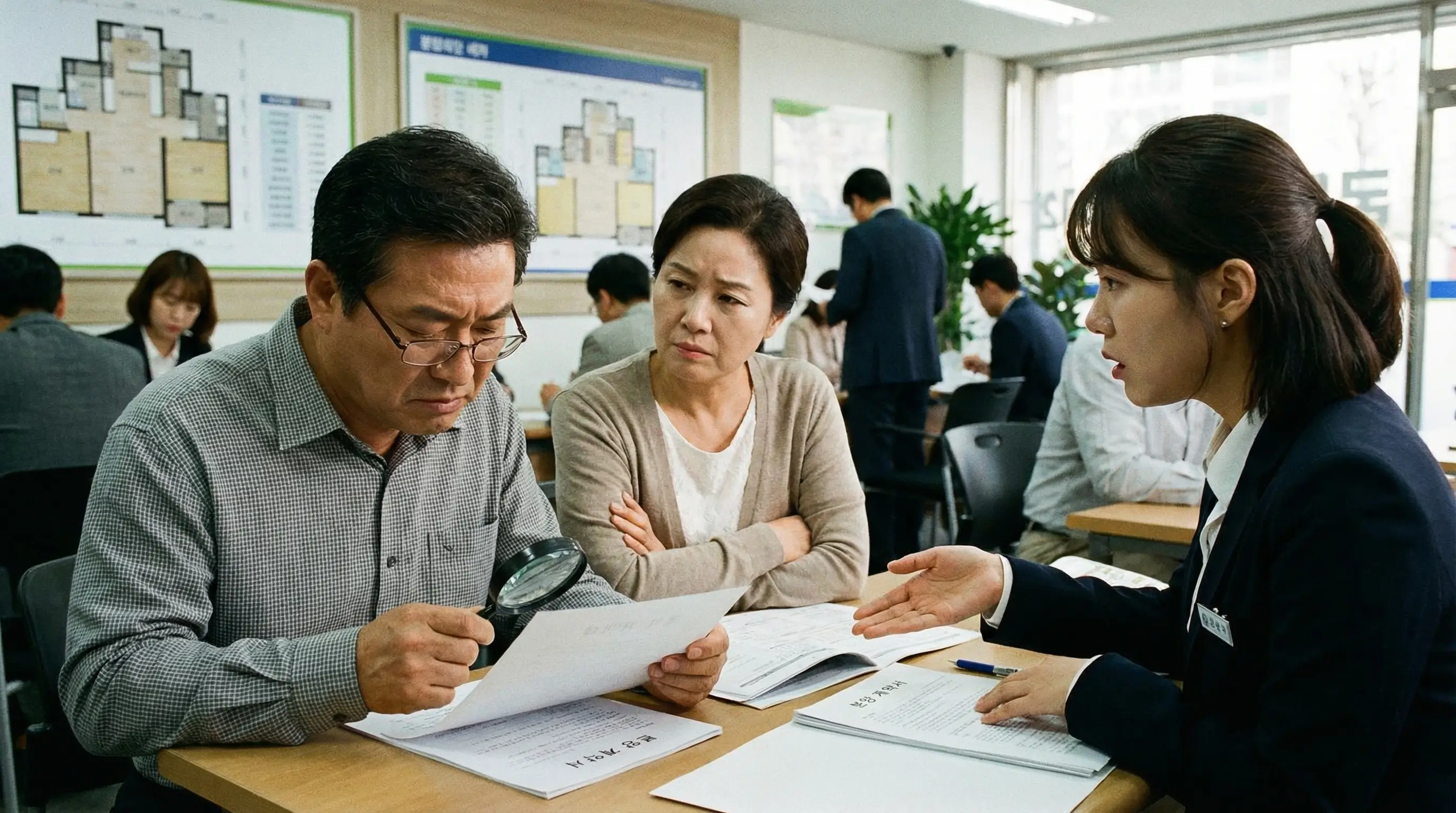 한국인 중년 부부가 분양 사무실에서 계약서를 꼼꼼히 검토하며 의심스러운 표정으로 분양 상담사의 설명을 듣는 모습