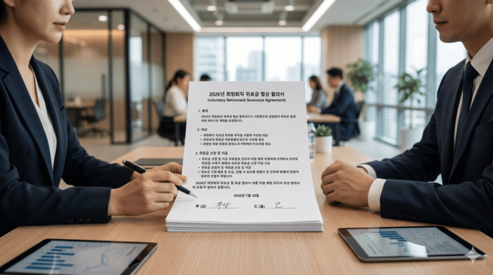 2026년 희망퇴직 위로금 협상 오피스 내부 전경 및 전문 서류 이미지