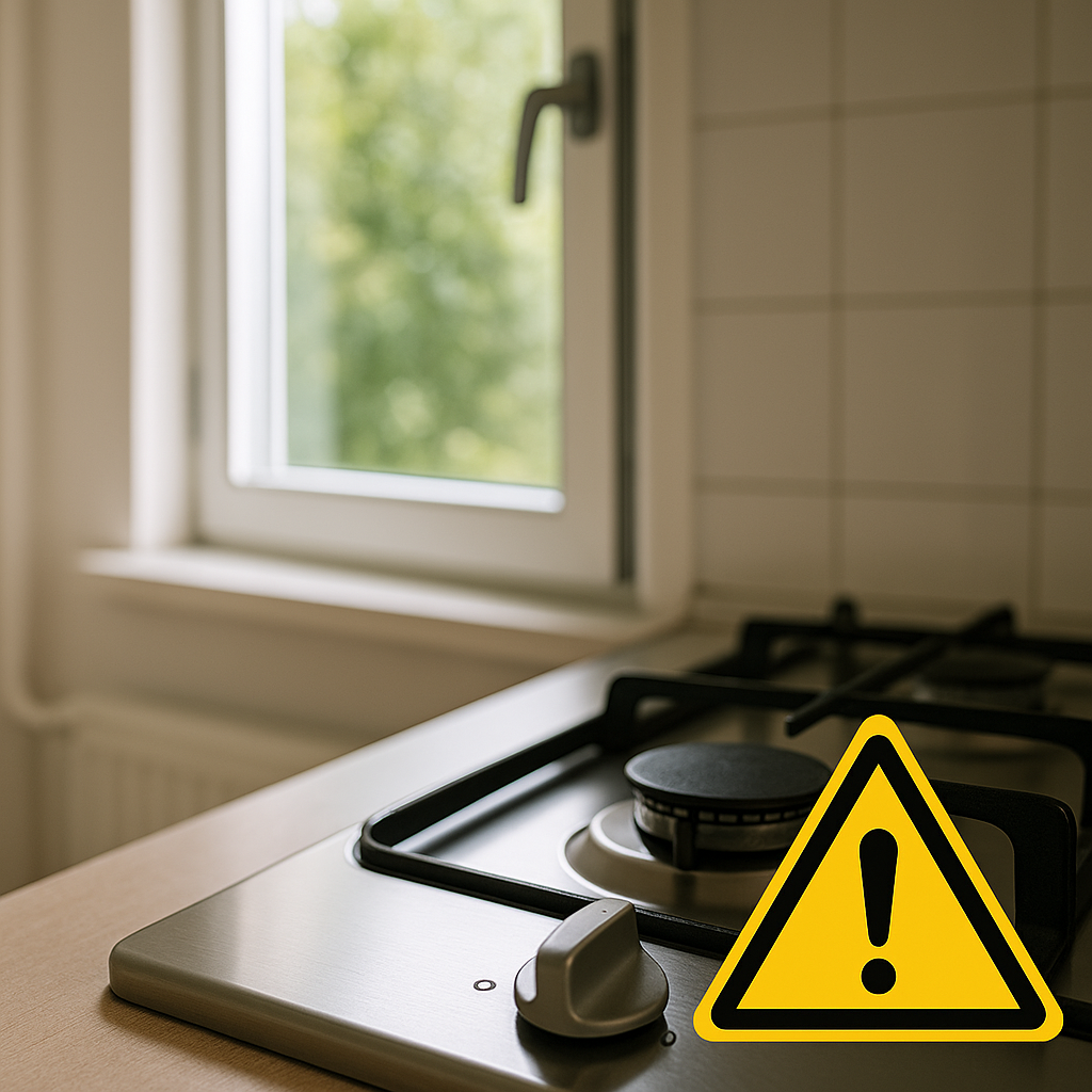 가스레인지 OFF와 열린 창문 — 가스 누출 시 환기·전원 금지 상징