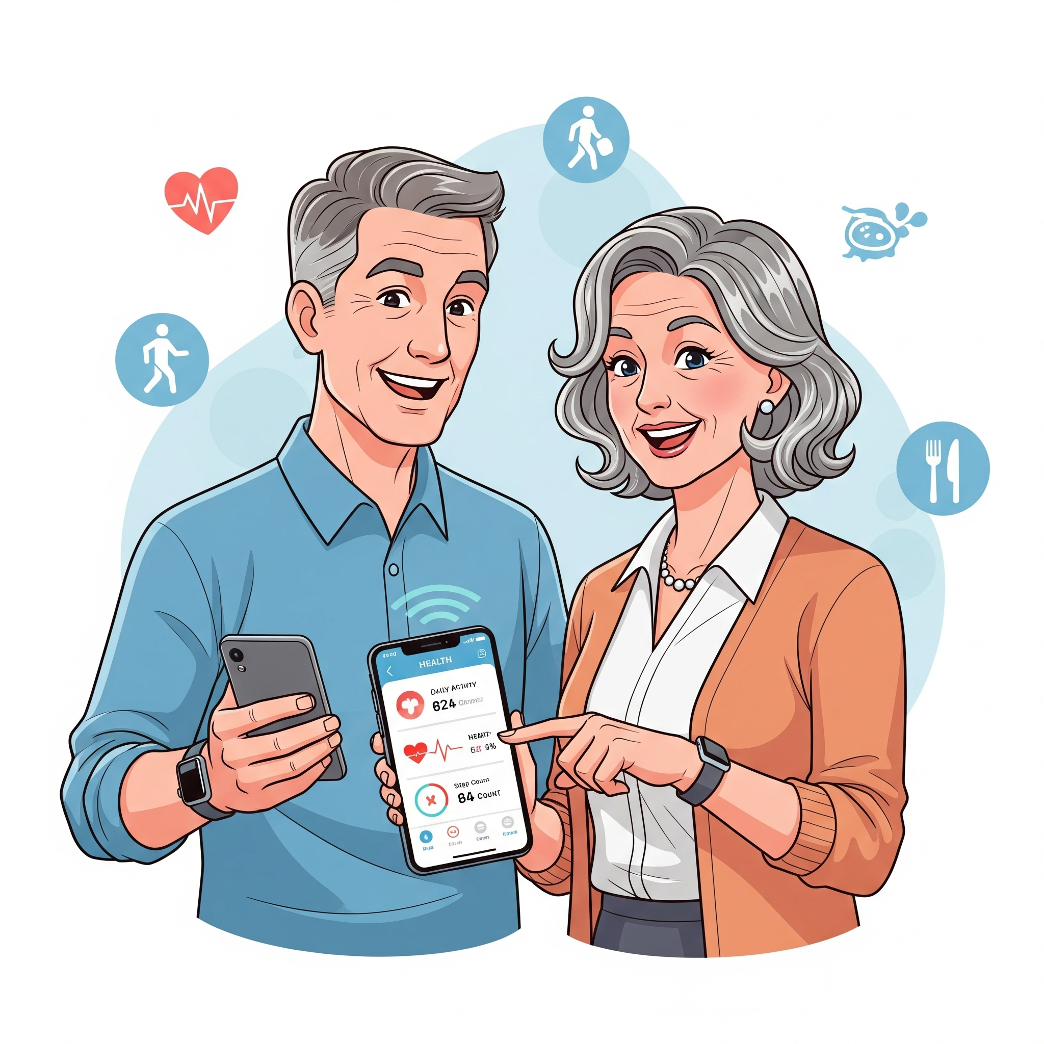 50-60대 중년 남녀가 스마트폰과 스마트워치를 착용하고 밝은 표정으로 건강 앱을 사