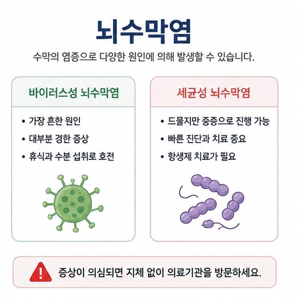뇌수막염에서 흔히 나타날 수 있는 발열과 심한 두통, 목 경직과 구토를 보여주는 그림