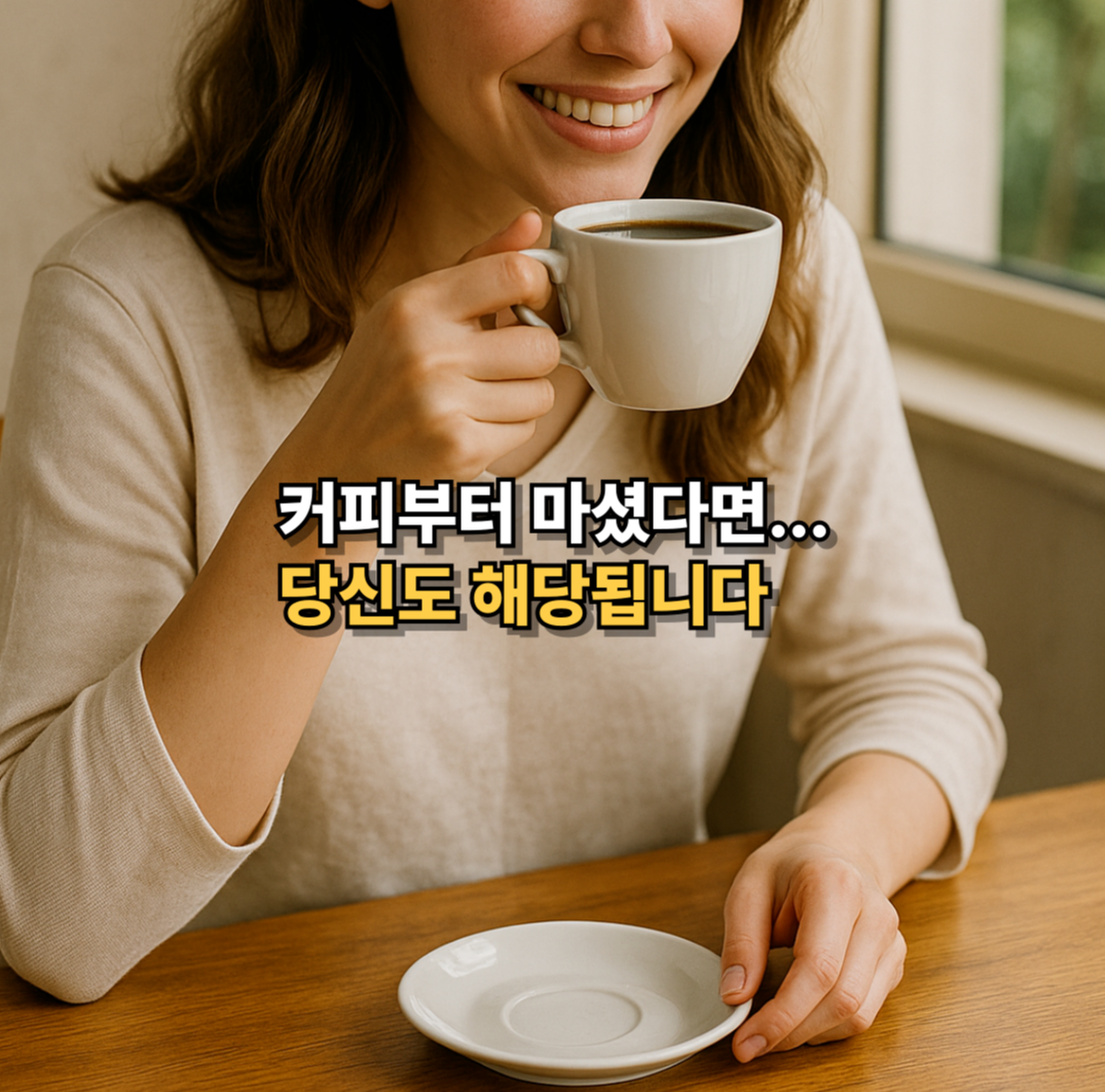 아침 공복에 커피를 마시는 여성의 모습과 관련 문구가 삽입된 경고성 썸네일 이미지