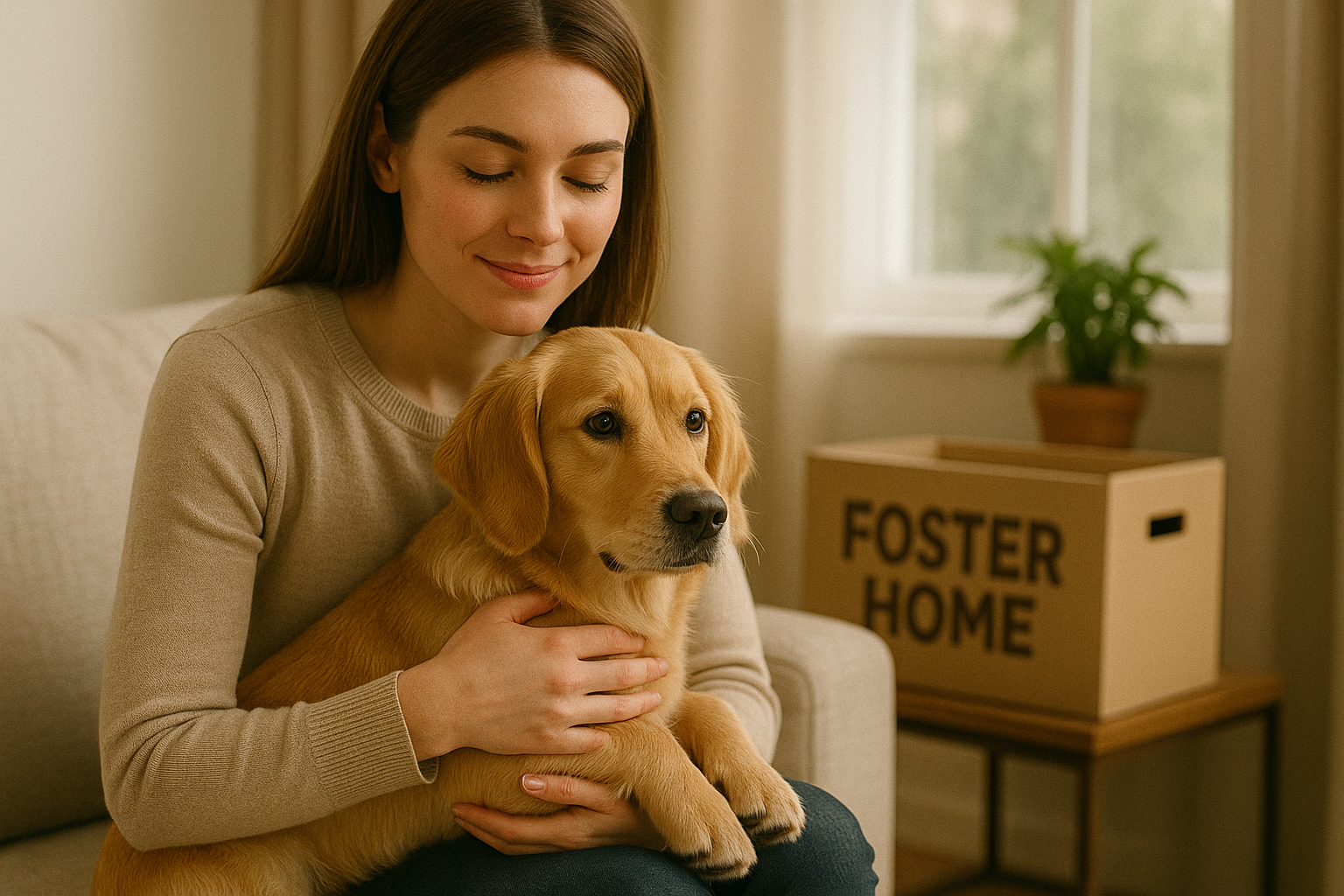 젊은 여성이 골든리트리버 강아지를 임시보호 맡아서 쇼파에 앉아 안고 있음
