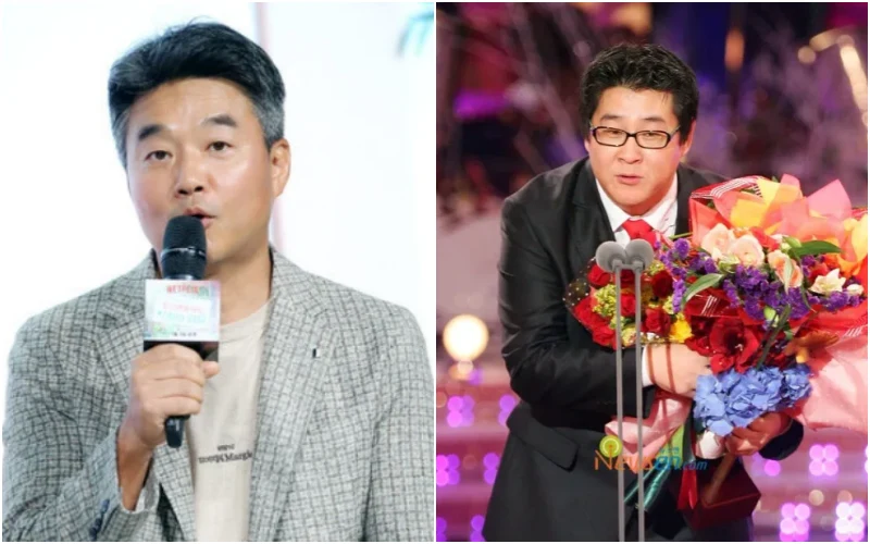 회색 자켓을 입고 인터뷰하는 이재규 감독과 시상식에서 수상한 이남규 작가