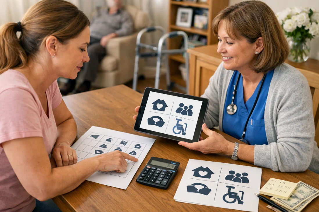 장기요양 서비스 이용 한도와 비용 구조를 설명하는 상담 장면