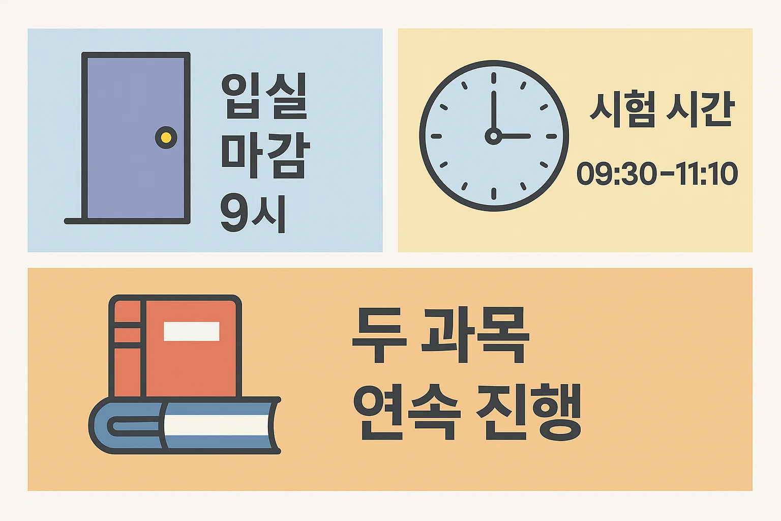 입실 마감 시간, 1차 시험 시작&middot;종료 시간, 두 과목 연속 진행 방식 등 2025년 공인중개사 1차 시험 시간표를 직관적으로 정리한 인포그래픽 이미지