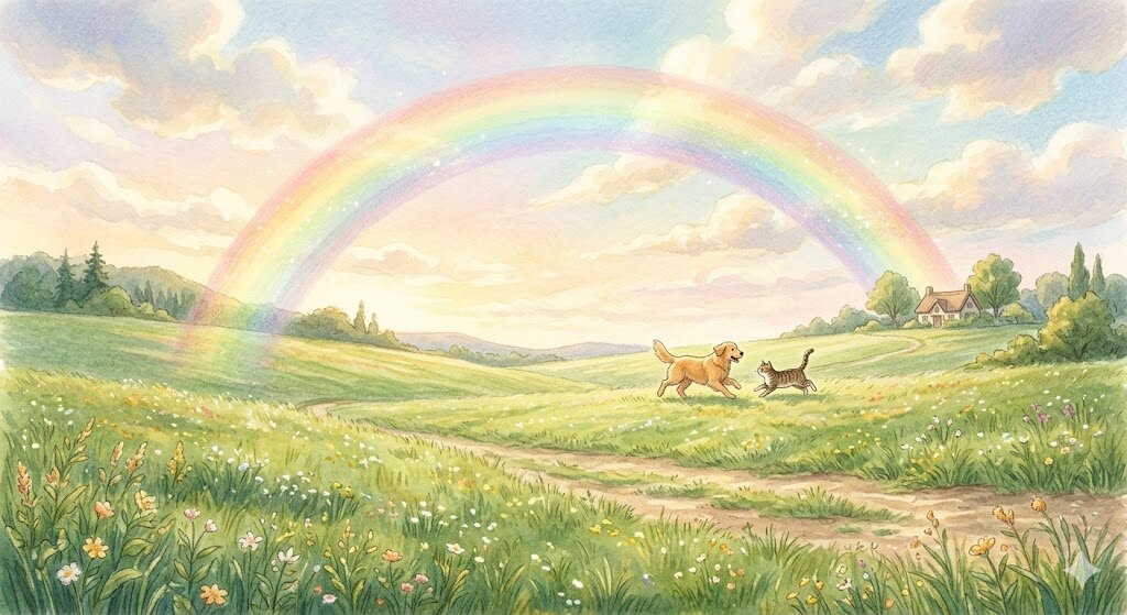 A beautiful, peaceful landscape featuring a bright rainbow bridge over a green meadow, symbolizing a pet's paradise.