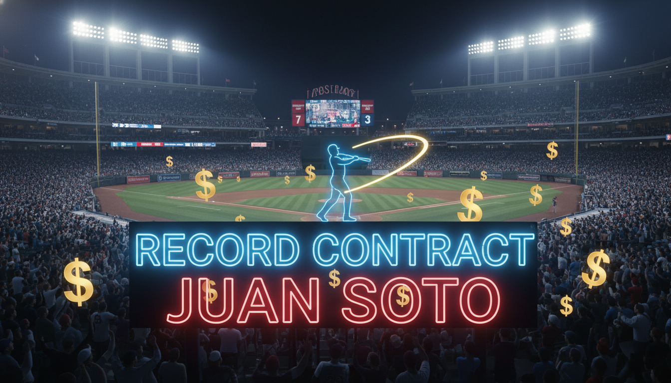 후안 소토의 역대 최고액 계약을 상징하는 야구장과 네온사인 일러스트