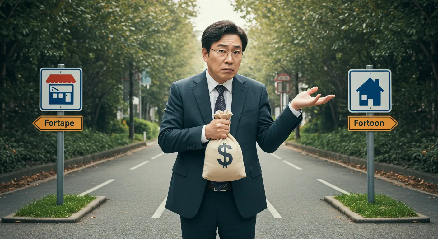 사업 자금을 가게와 집 중 어디에 사용해야 할지 갈림길에서 고민하는 한국인 자영업자