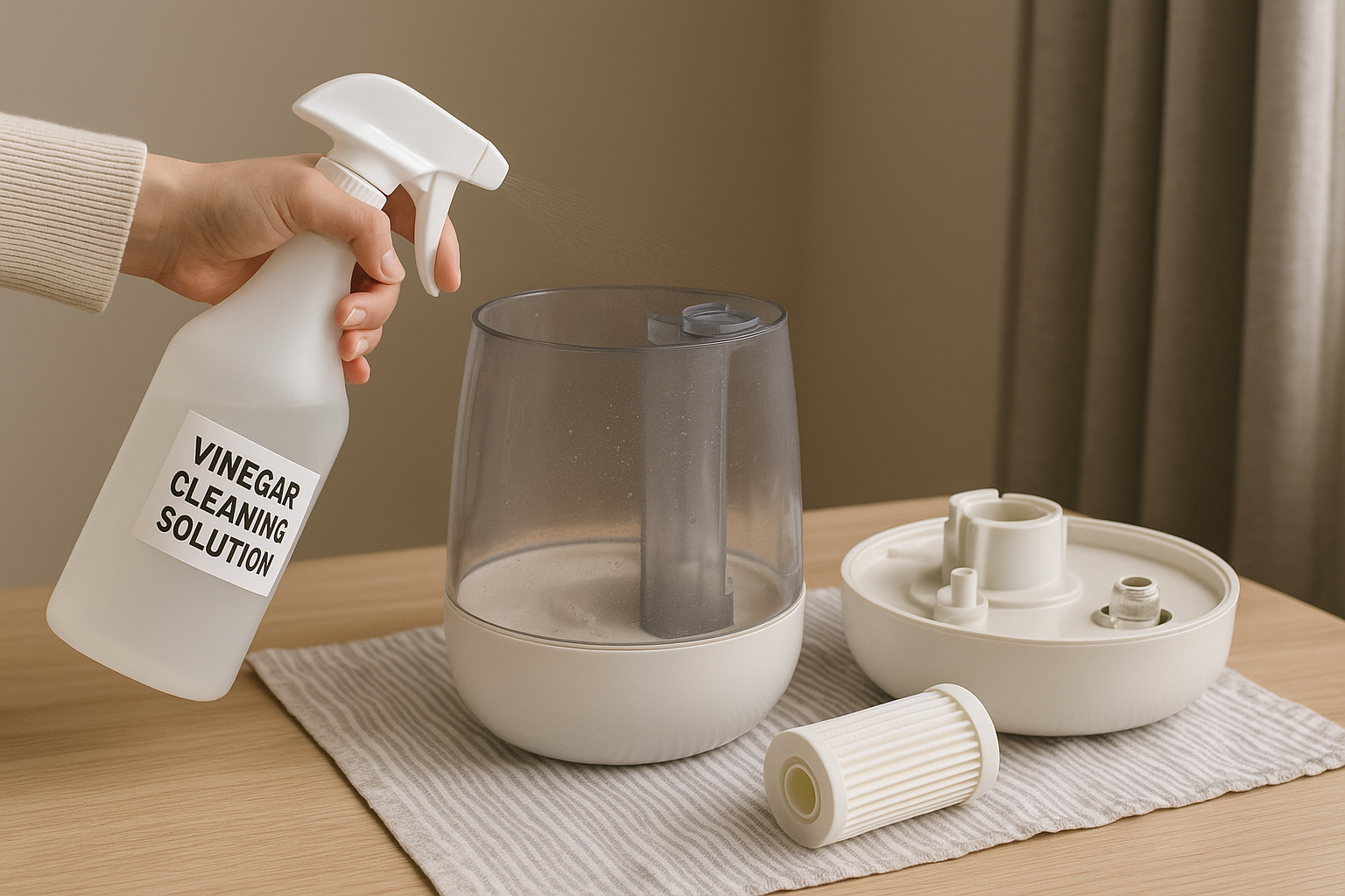 분해한 가습기 부품을 식초 희석액으로 분사해 스케일을 제거하는 모습