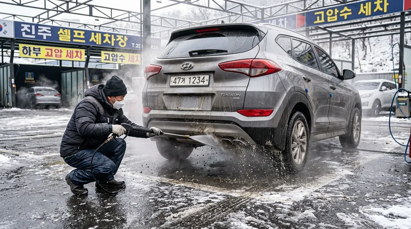 겨울철 하부세척을 받는 차량 모습