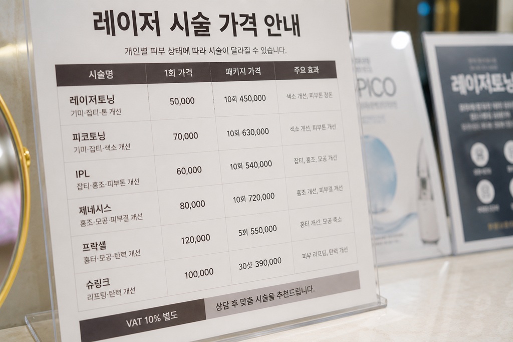 피부과 레이저 시술 가격표를 가까이서 보여주는 클로즈업 이미지