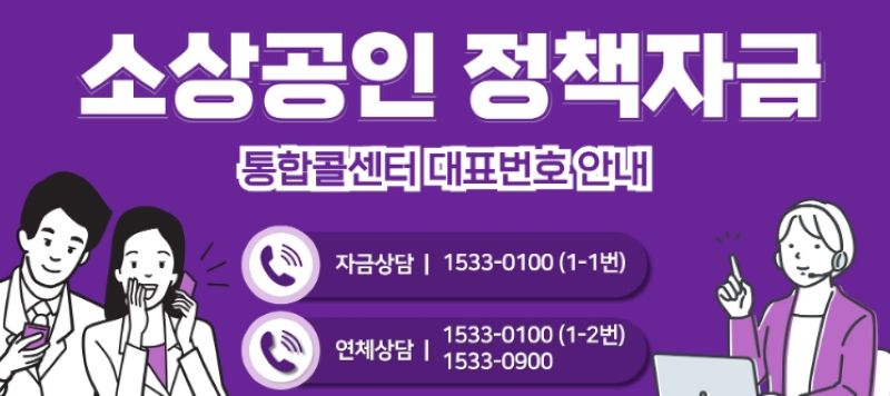 소상공인 정책자금 통합콜센터 안내 이미지. 자금상담 전화번호는 1533-0100 (1-1번), 연체상담은 1533-0100 (1-2번) 또는 1533-0900. 전화상담 중인 남녀와 노트북으로 상담하는 여성 일러스트 포함.