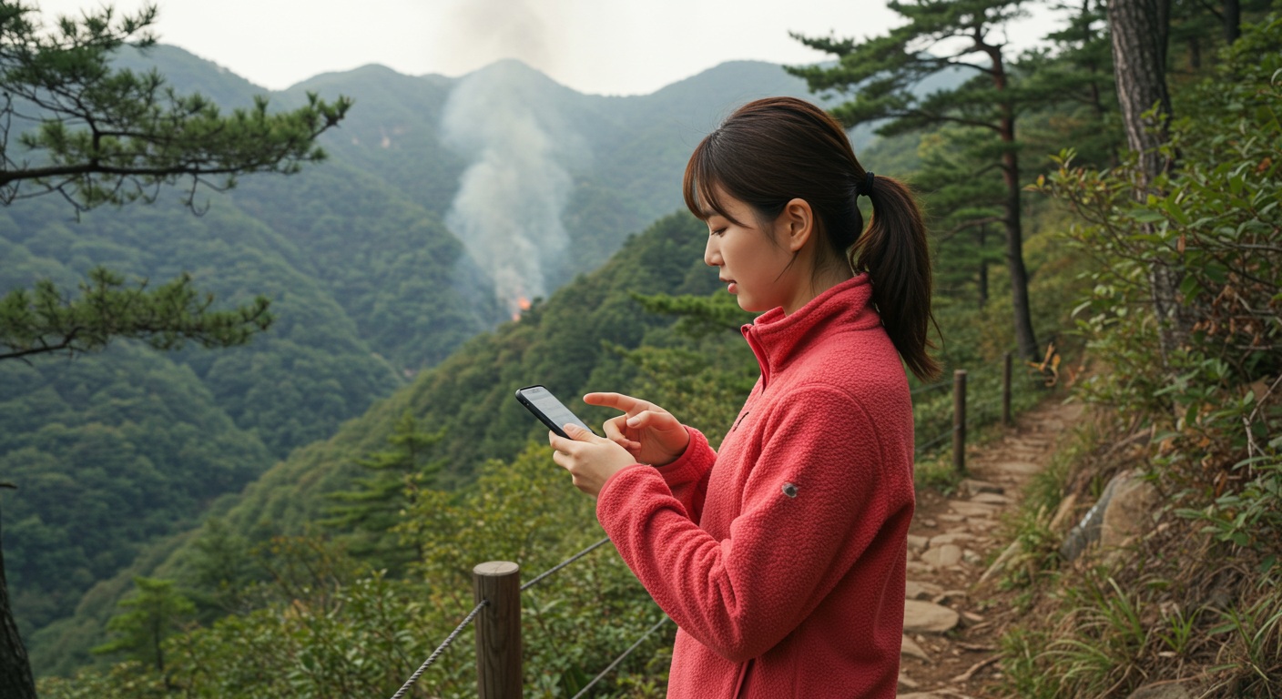 스마트폰으로 산불 신고하는 모습을 보여주는 이미지