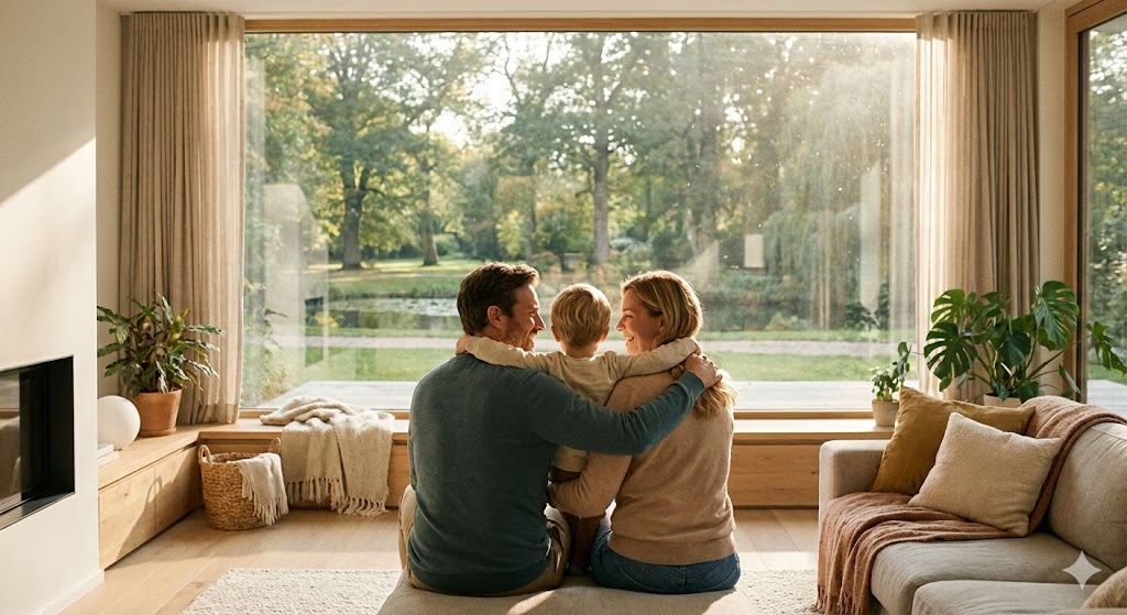 평온한 일요일 오후, 새로 분양받은 내 집 거실에서 창밖 풍경을 보며 미소 짓는 한 가족의 따뜻한 뒷모습