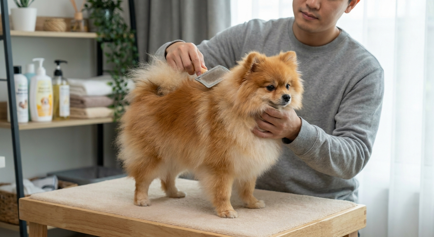 이중모 포메라니안이 빗질을 받는 모습