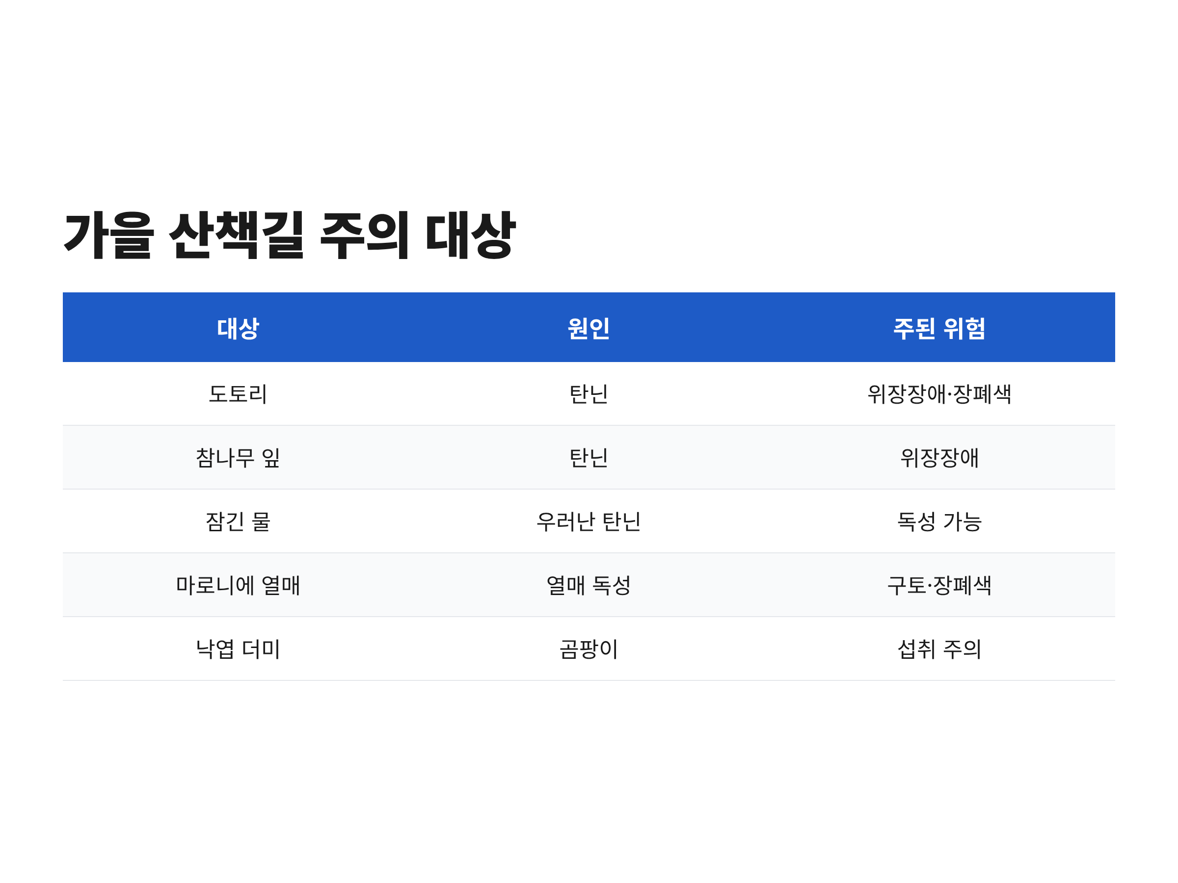 도토리&middot;참나무 잎&middot;고인 물&middot;마로니에 열매&middot;낙엽 더미 등 가을 산책길 주의 대상을 정리한 표