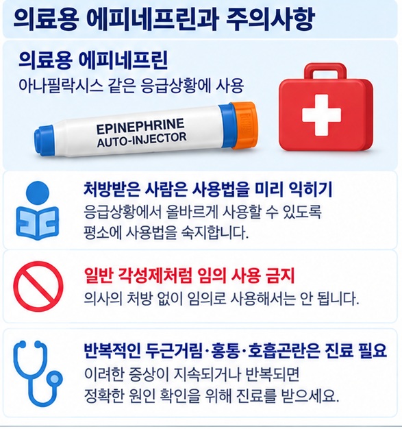 의료용 에피네프린이 아나필락시스 같은 응급상황에 사용된다는 점을 자동주사기와 함께 보여주는 이미지