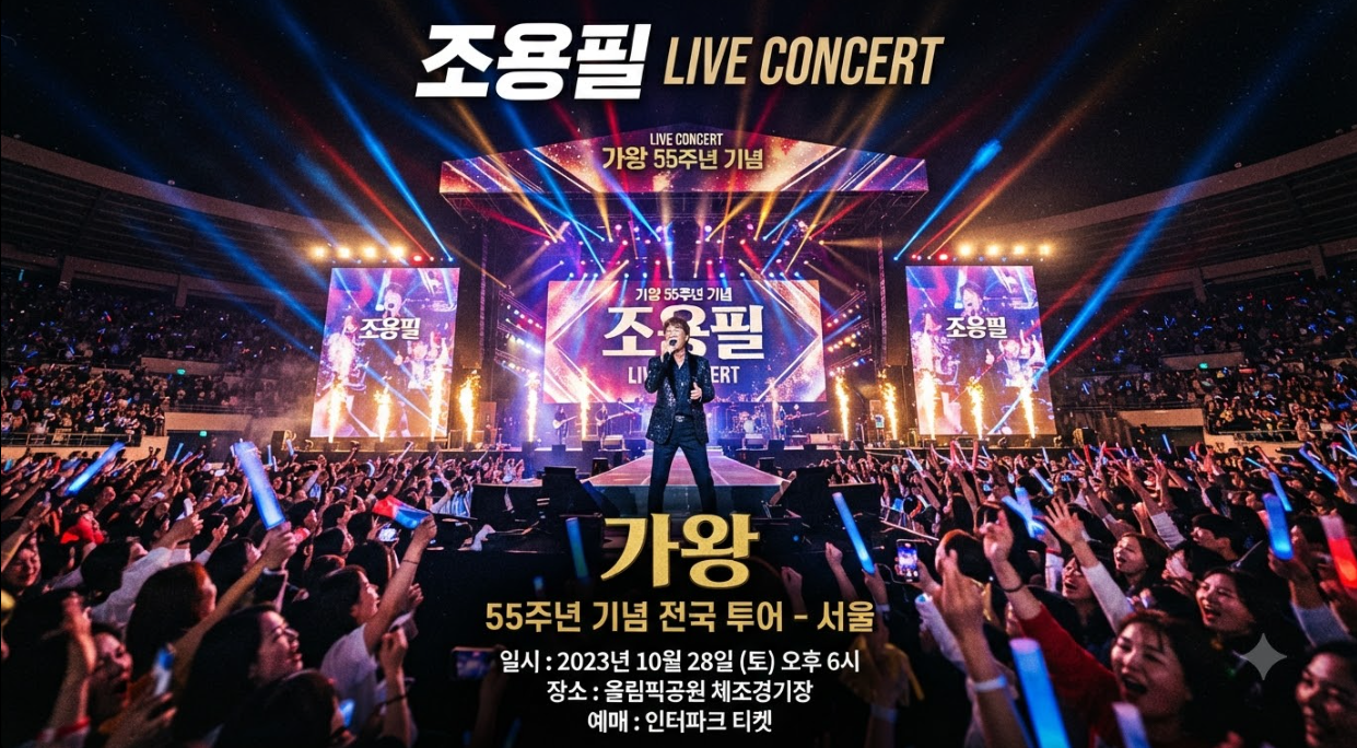조용필 콘서트 대형 라이브 무대 레이저 조명과 관객들의 열기 포스터