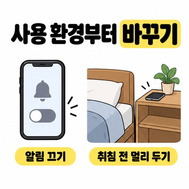 사용 환경부터 바꾸기라는 제목 아래 알림 끄기 스위치와 침대 옆 협탁의 휴대전화, 취침 전 멀리 두기 문구를 배치한 그림