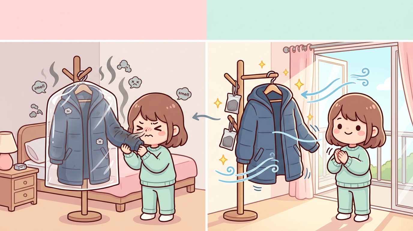 드라이클리닝 냄새 제거 (석유계 용제, 자연 환기, 활성탄)