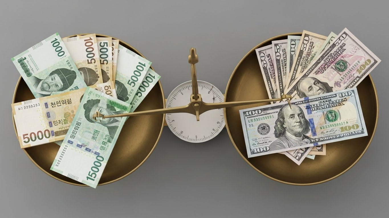 원화와 달러 지폐가 저울 위에서 균형을 맞추려는 이미지