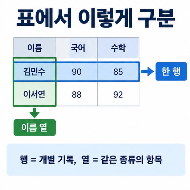 학생 이름 국어 수학 점수 예시 표에서 한 행과 한 열을 각각 강조한 인포그래픽