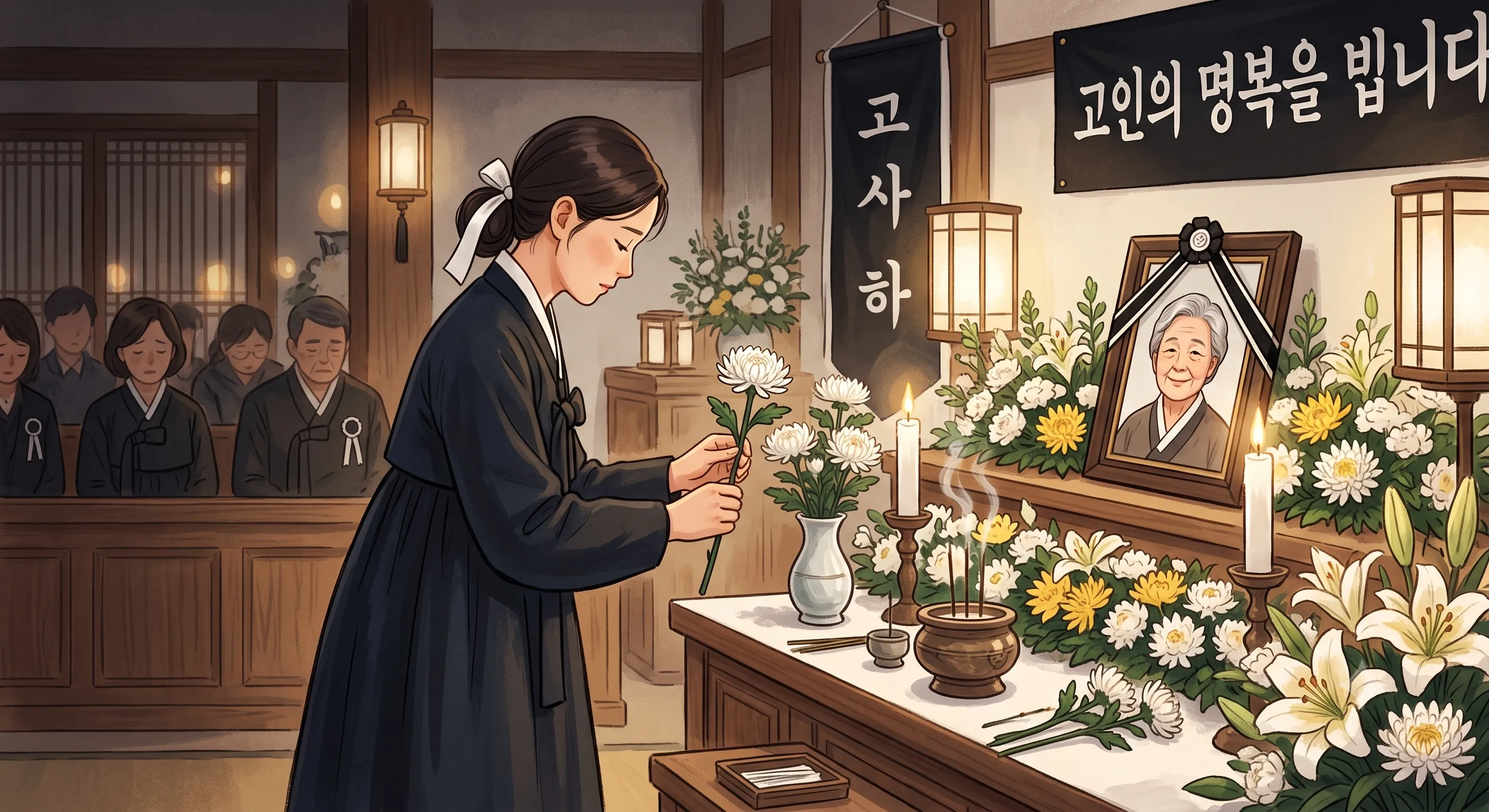 한 여성이 한복을 입고 장례식 제단 앞에서 흰 국화꽃 한 송이를 들고 서 있는 일러스트레이션
