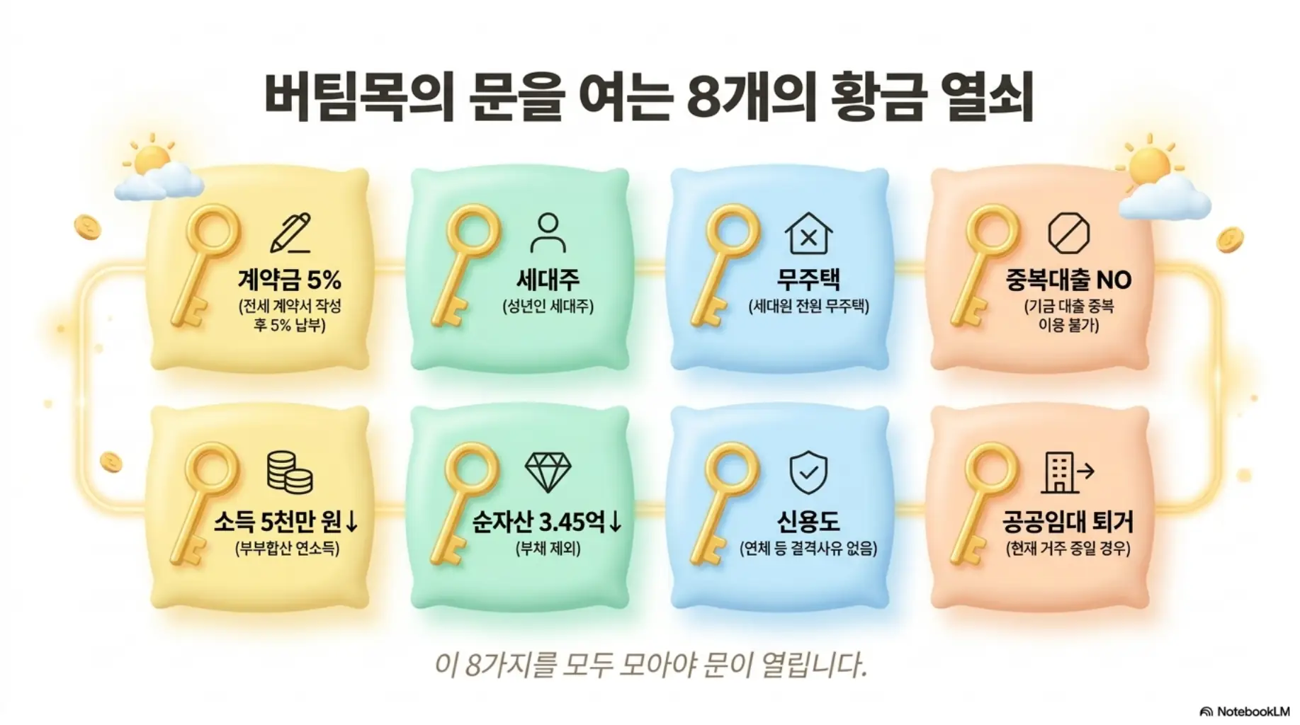 버팀목전세자금대출 자격 조건 8가지(계약금 5%, 세대주, 무주택, 중복대출 금지, 소득 5천만 원, 순자산 3.45억, 신용도, 공공임대 퇴거)를 열쇠 아이콘으로 정리한 이미지. 블로그의 버팀목전세자금대출 조건과 관련된 내용을 설명함