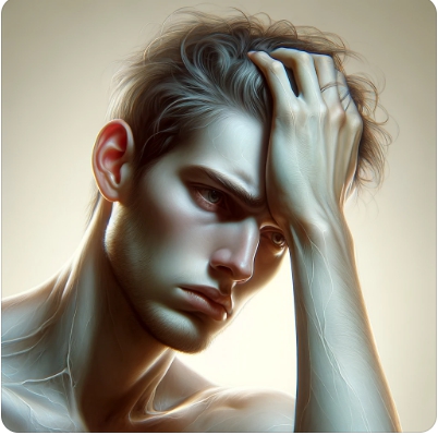 불안한 표정으로 머리를 감싸쥔 인물 – 정신적 증상 표현