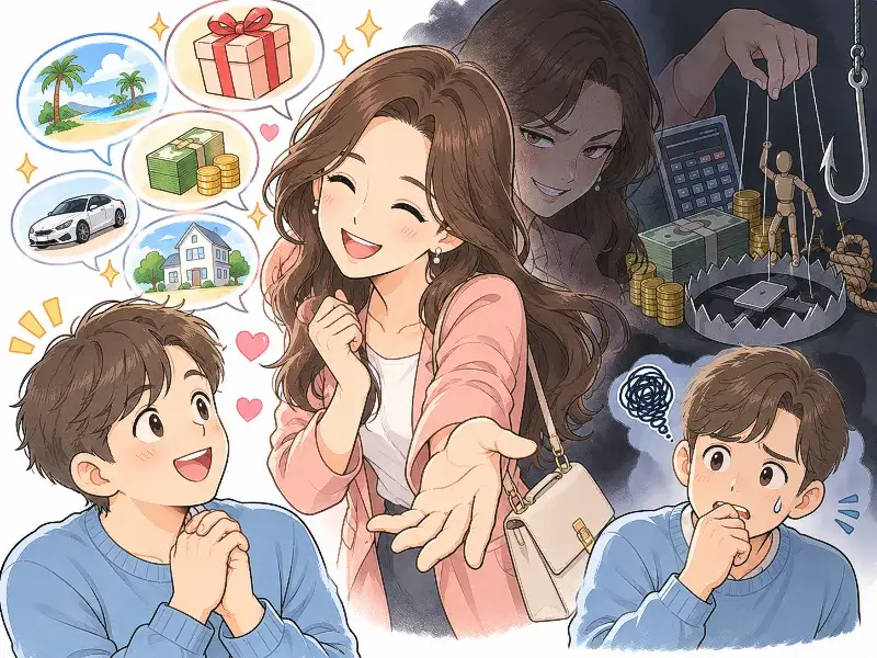 A smiling woman speaks kindly to a young man, while hidden in the dark background are symbols of money, calculation, strings, and traps, showing the deceptive nature of sweet talk.