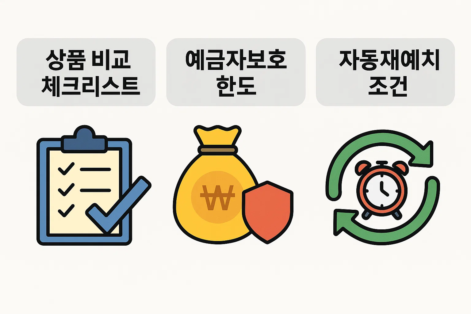 상품 비교 체크리스트, 예금자보호 한도, 자동재예치 조건 등 안전하고 효율적인 예금 운용을 위한 핵심 체크리스트.