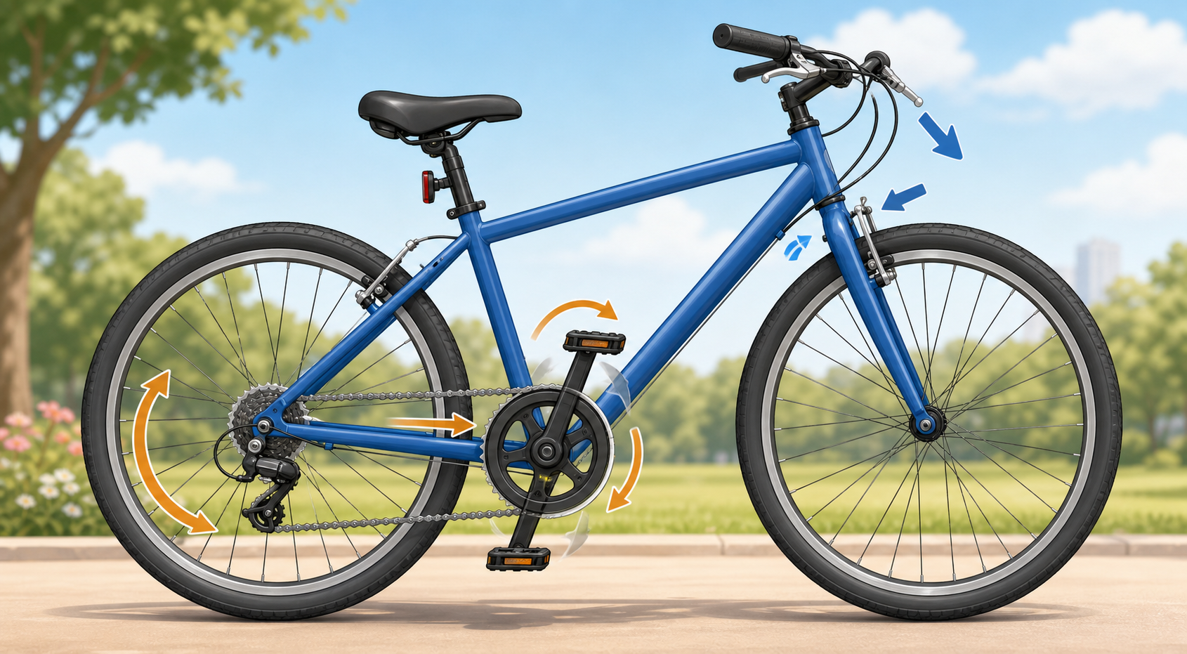 Educational illustration showing a bicycle with pedals, chain, and wheels