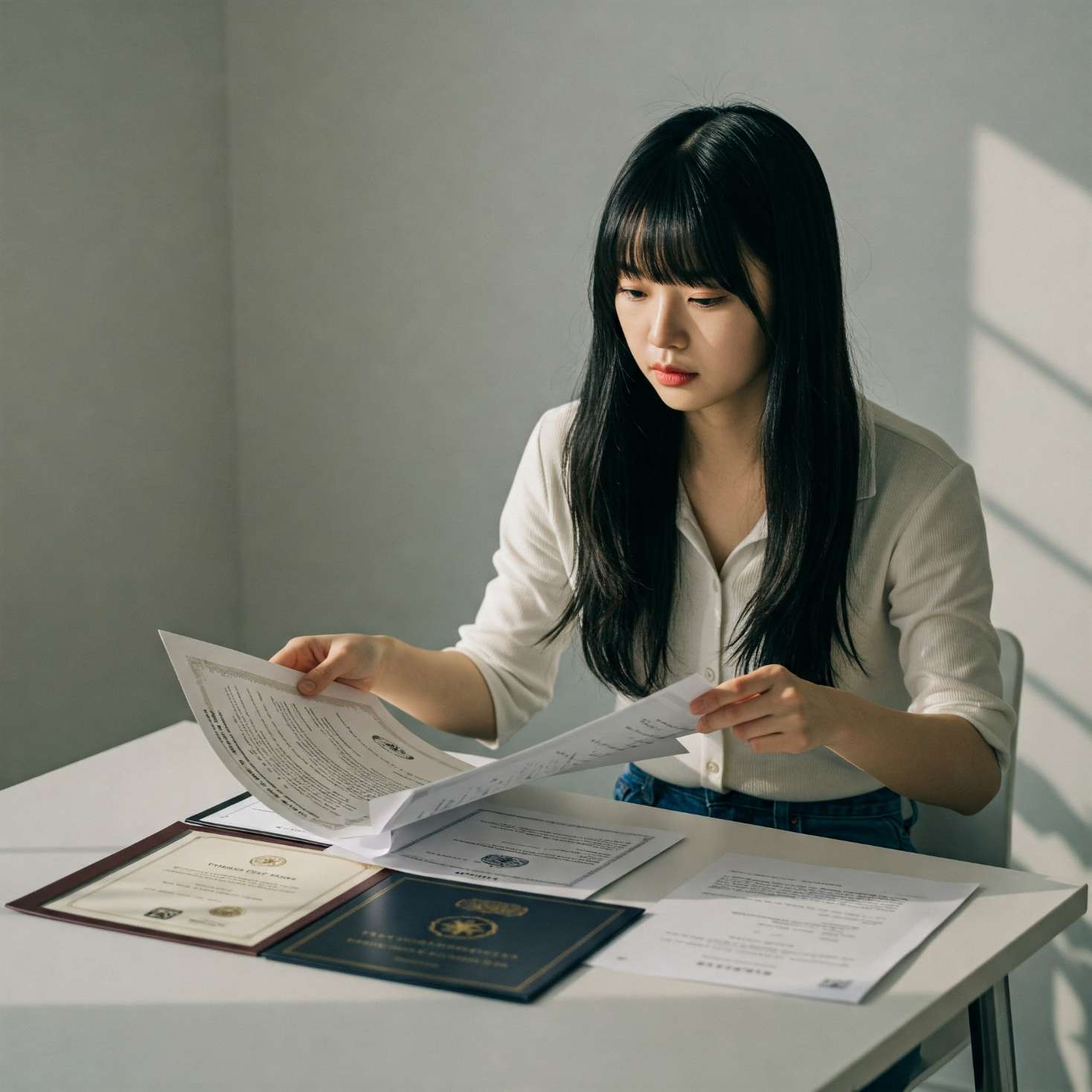 생활기록부와 증명서를 검토하고 있는 여학생의 모습. 책상 위에 여러 서류가 펼쳐져 있음.