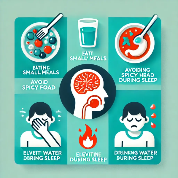 위산 역류 완화를 위한 생활습관 아이콘 인포그래픽 – 식사 조절, 물 마시기, 머리 높이기 등 직관적 시각 구성