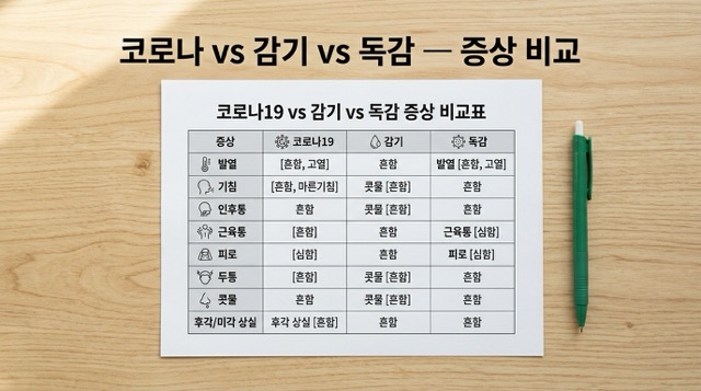 코로나 재유행 감기 독감 증상 비교 표