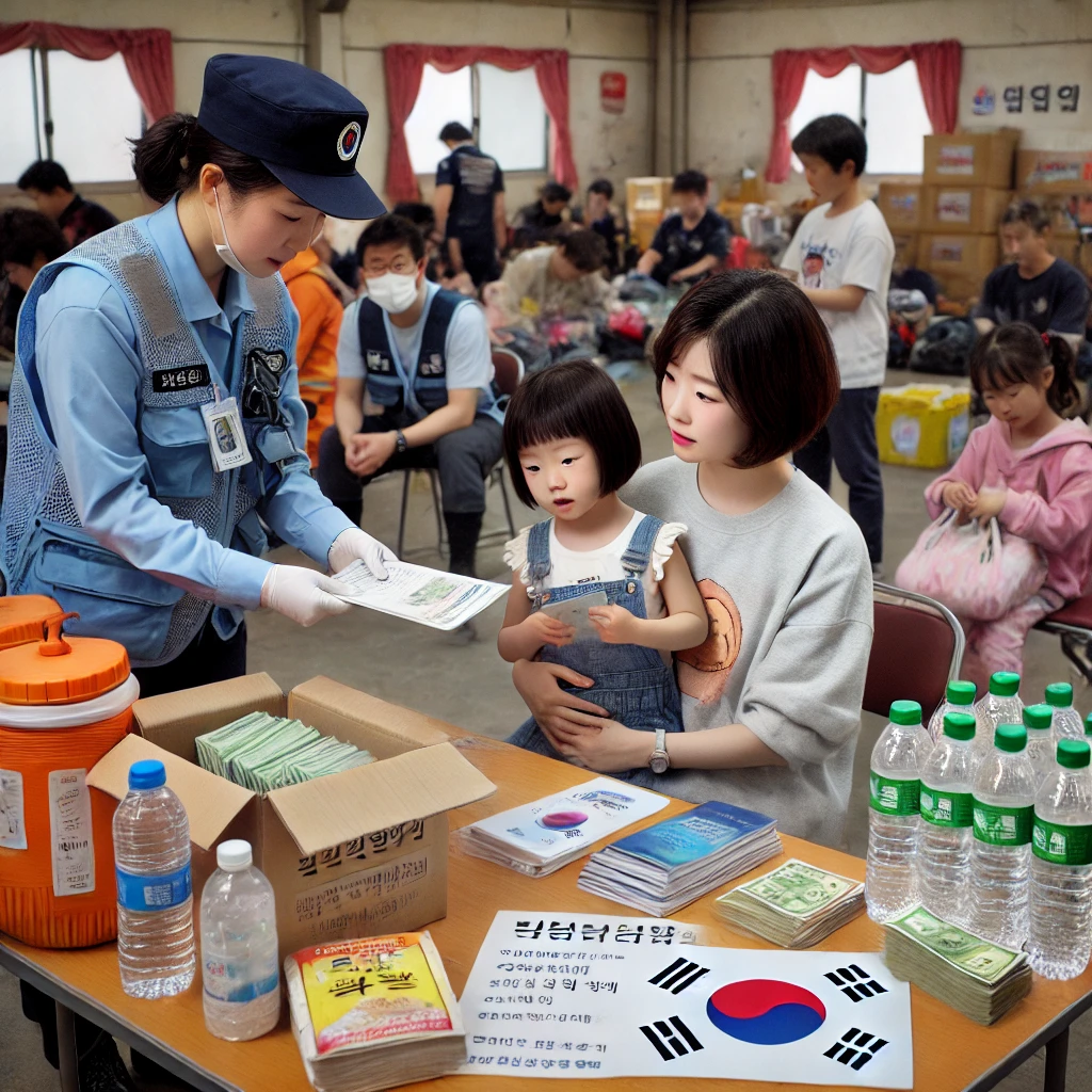 아이와 함께 온 어머니가 구호 물품을 받는 장면 