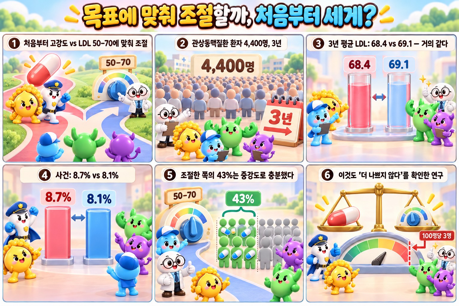 LDL 목표치 조절과 고강도 스타틴을 비교한 LODESTAR 연구를 6칸으로 그린 설명 만화