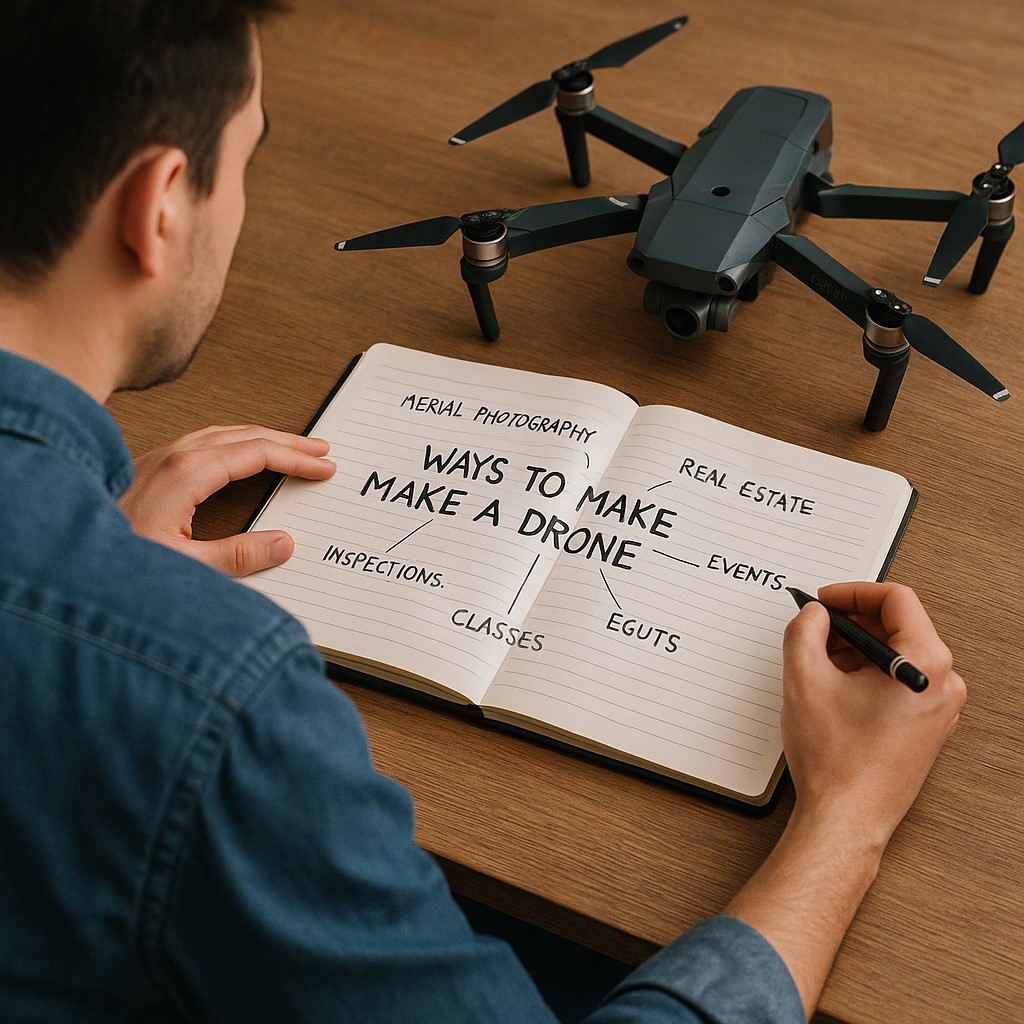 드론으로 수익을 고민하는 사람이 노트에 수익 구조를 정리하며 드론 장비를 바라보는 대표 이미지
