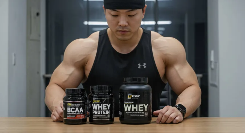 BCAA와 웨이 프로틴을 고민하고 있는 남성 이미지