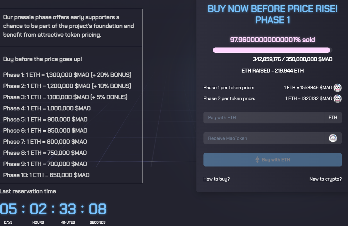 프리세일 중인 마오캣 코인 홈페이지 내부