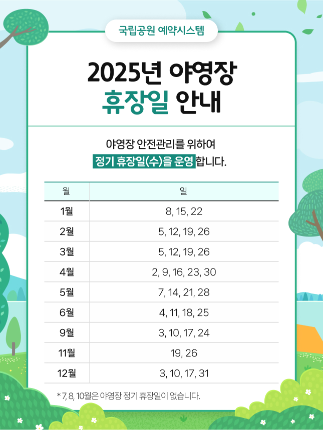 출처:https://reservation.knps.or.kr
국립공원예약통합시스템 야영장 휴장일 안내
