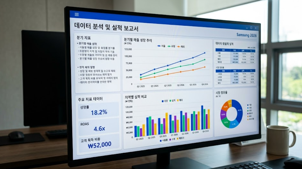 깔끔하게 정리된 보고서 차트와 그래프가 띄워진 모니터