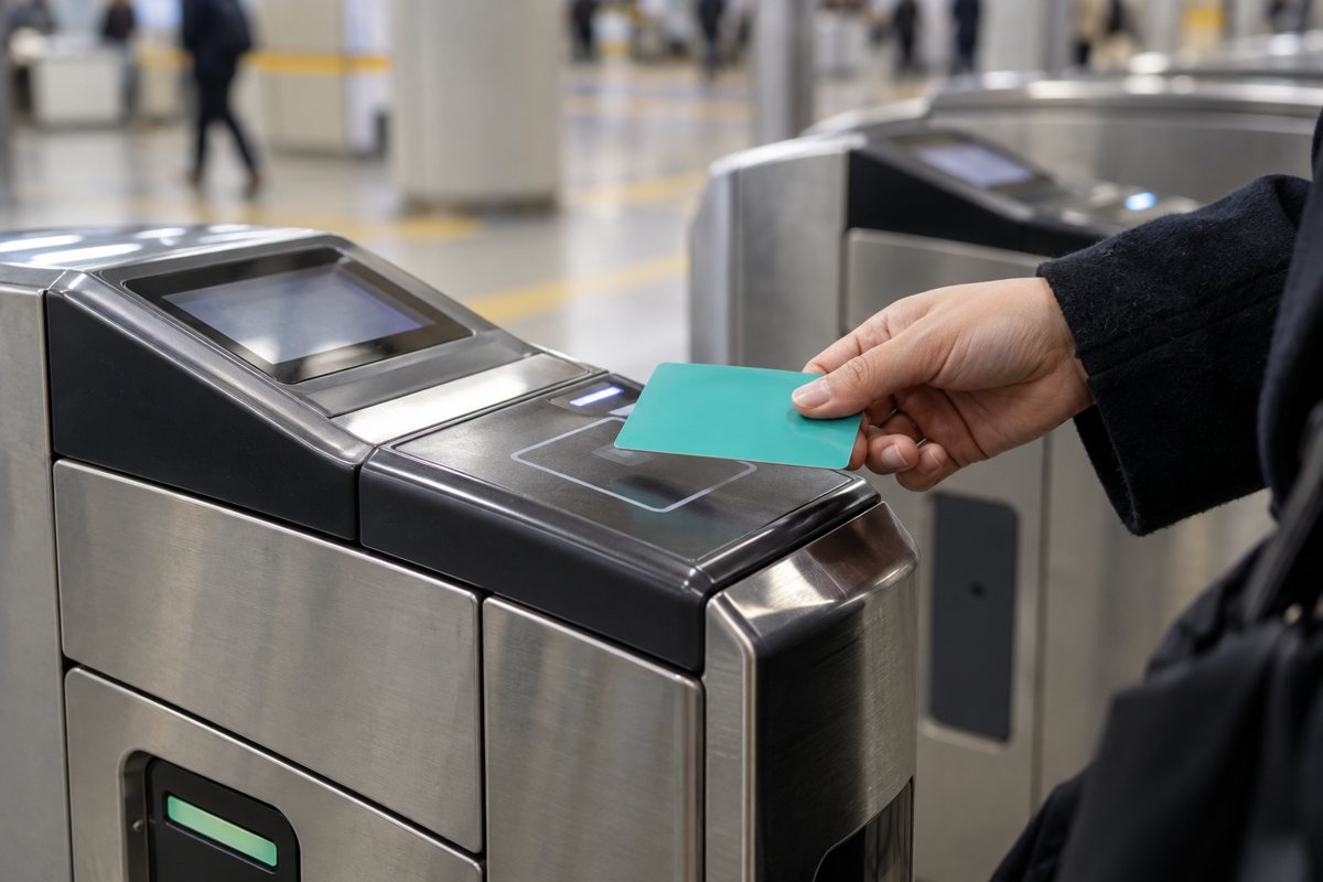 A hand holding a generic transit card above a subway gate reader