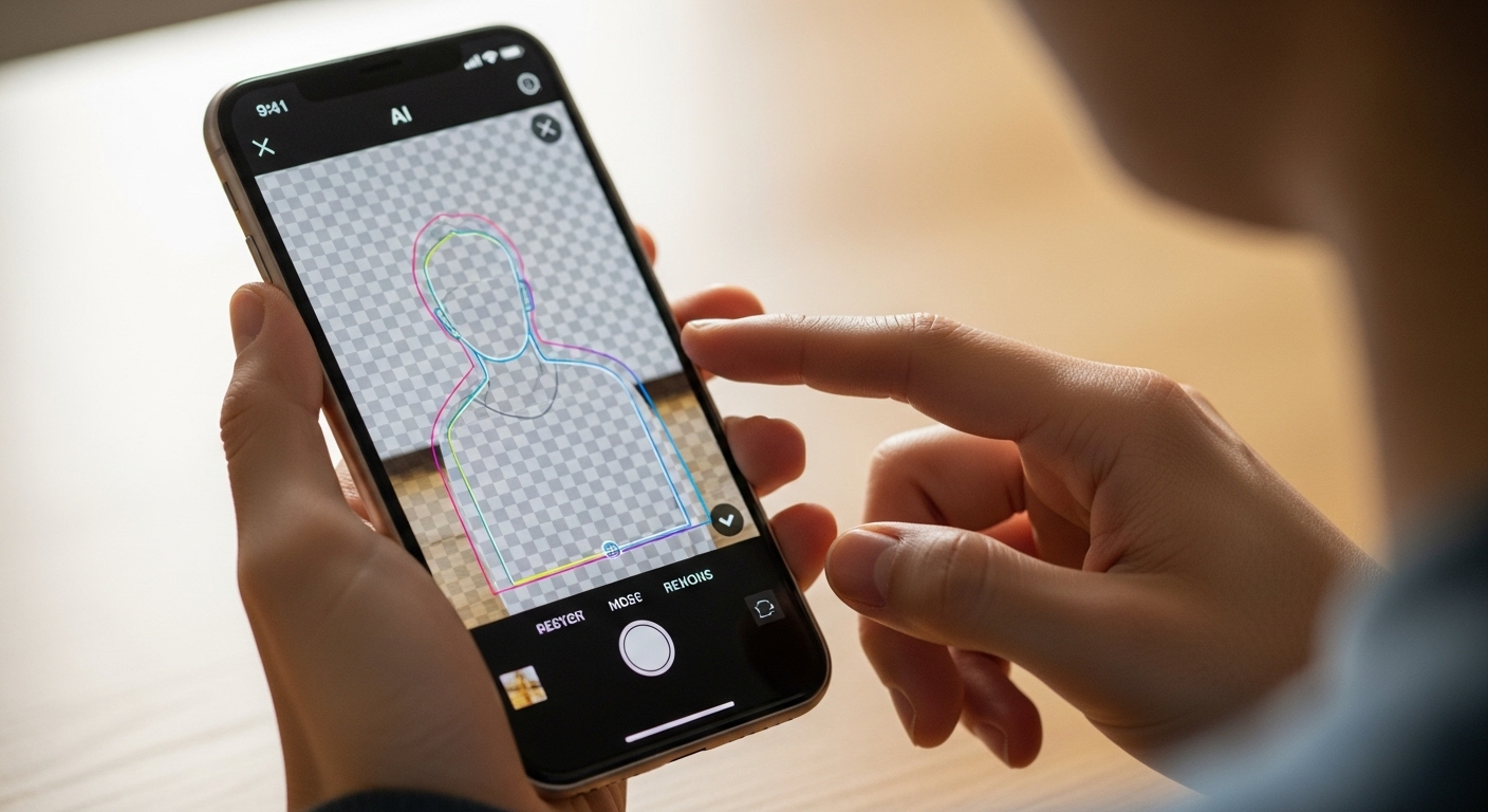 스마트폰에서 AI 배경제거 앱으로 사진을 편집하는 모습
