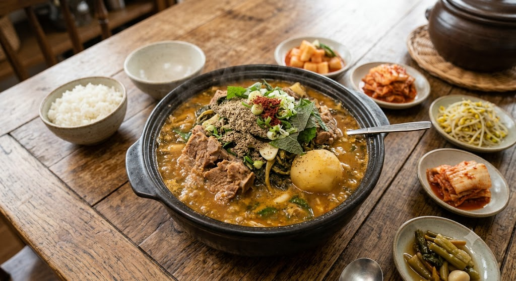 나무 테이블 위에 놓인 뚝배기에 담긴 먹음직스러운 감자탕. 푹 익은 돼지등뼈와 커다란 감자, 얼갈이배추 위로 고소한 들깨가루와 송송 썬 파, 고춧가루가 고명으로 올려져 김이 모락모락 나고 있다. 주변에는 흰쌀밥과 배추김치, 깍두기, 콩나물무침, 장아찌 등 정갈한 밑반찬이 함께 차려져 있는 따뜻한 한식 상차림의 모습.