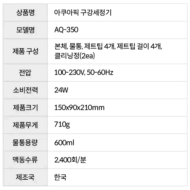 아쿠아픽 AQ-350 제품 사양