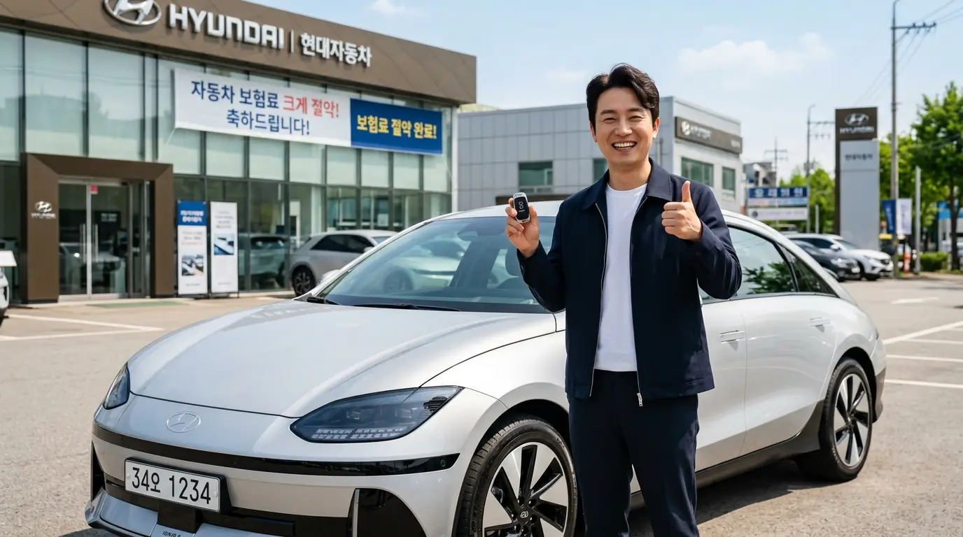 자동차 보험료를 크게 절약한 후 새 차 앞에서 만족스러운 미소로 엄지를 치켜세우는 운전자의 모습