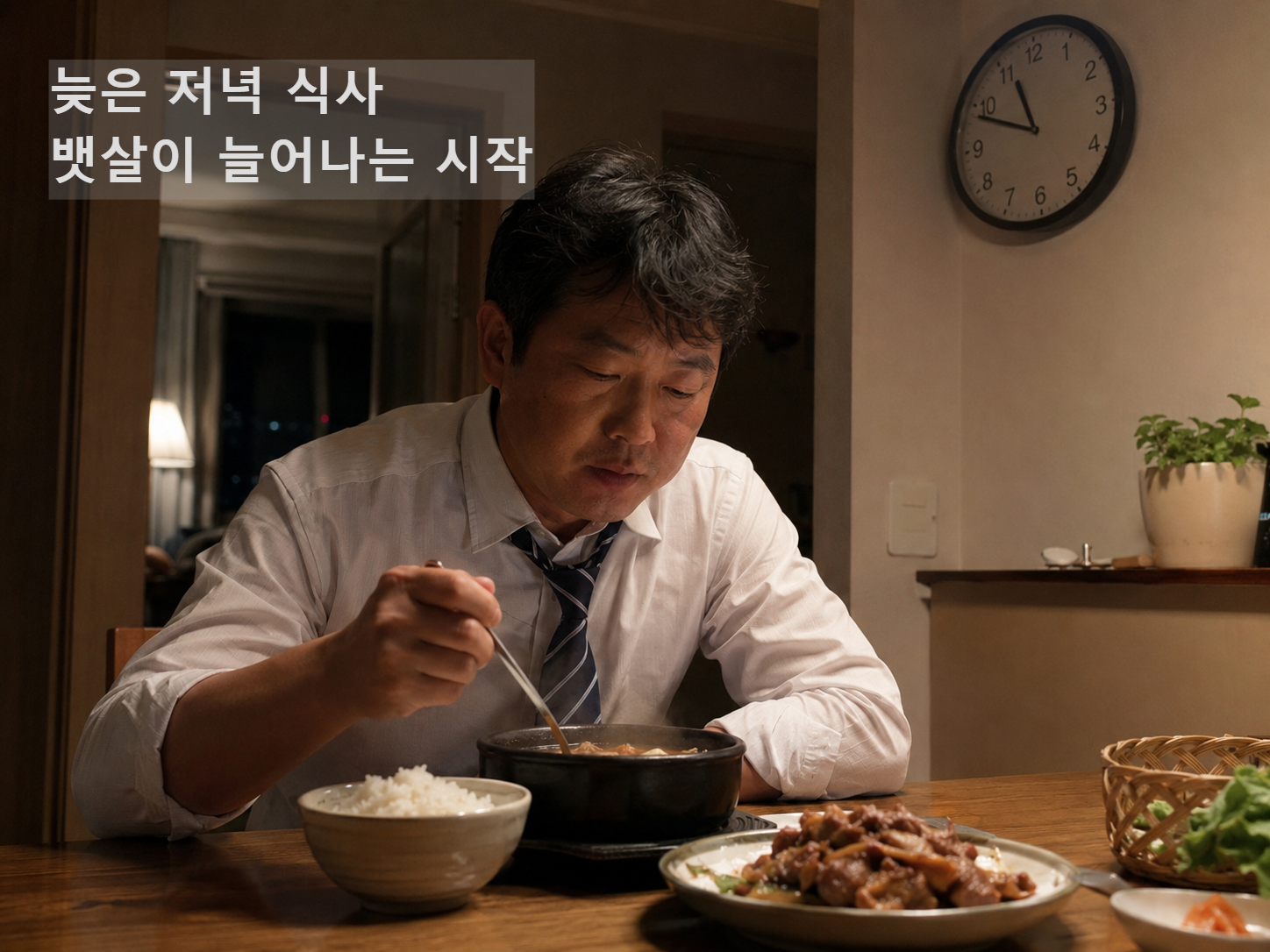 40대 남성이 밤늦게 저녁 식사를 하는 모습