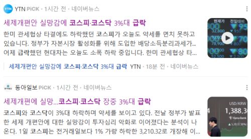 코스피·코스닥 폭락, 관련 뉴스 기사들